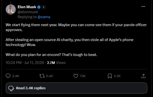 Elon Musk comes back with another round of accusations. Elon Musk replies to Sam Altman with accusations that OpenAI stole an open source AI charity and Apple phone technology, plus a parole officer jab