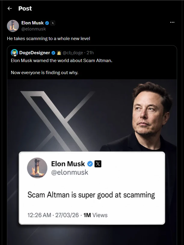Elon Musk reshares the Scam Altman post. Elon Musk reshares a Scam Altman post on X and adds the caption he takes scamming to a whole new level