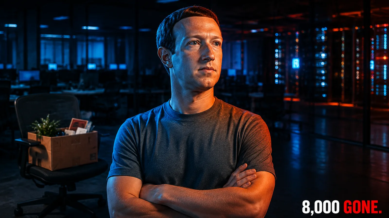 Mark Zuckerberg standing in a dark office beside a packed-up cardboard layoff box, with the words 8,000 gone
