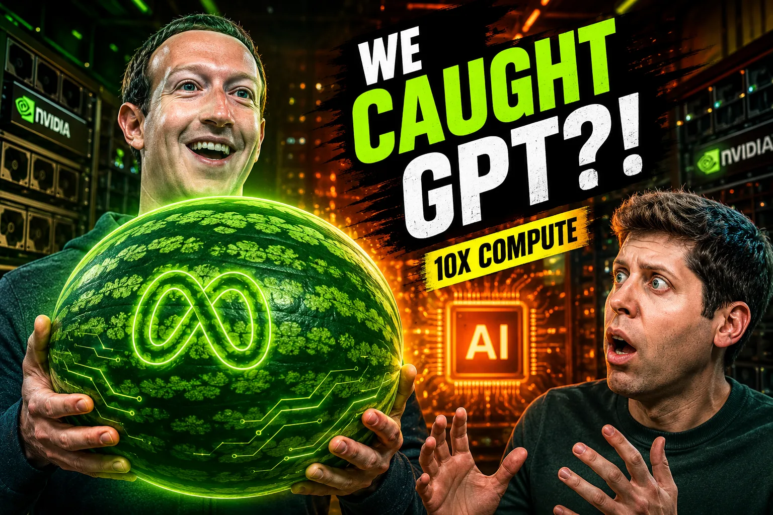 Mark Zuckerberg holding a glowing Meta-branded watermelon beside a shocked Sam Altman