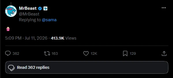 MrBeast sums up the internet with one popcorn emoji. MrBeast replies to the Elon and Sam thread on X with a single popcorn emoji
