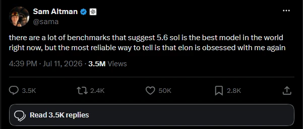 Sam Altman turns the roast into a product plug. Sam Altman posts that benchmarks suggest 5.6 is the best model, but the most reliable tell is that Elon is obsessed with him again