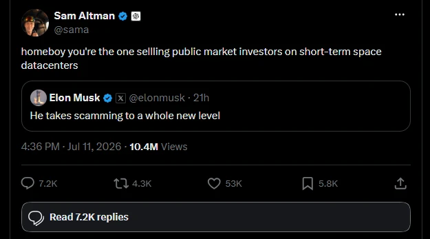 Sam Altman fires back at Elon Musk. Sam Altman replies to Elon Musk on X: homeboy you're the one selling public market investors on short-term space datacenters