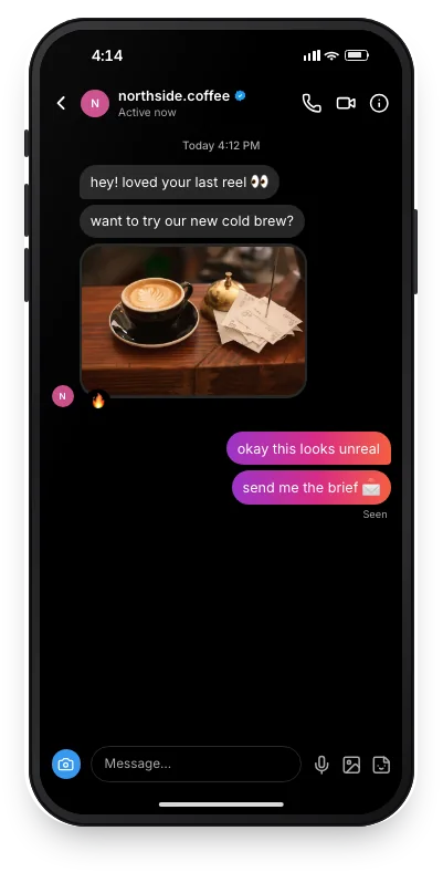 Fake Instagram DM mockup, dark mode: a coffee brand inviting a creator to collaborate
