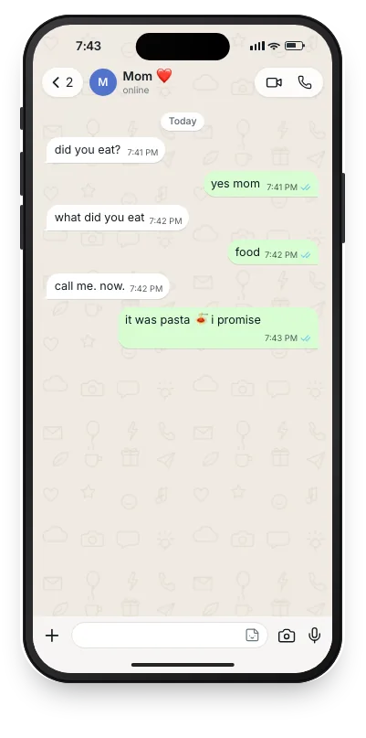 Fake WhatsApp chat mockup, light mode: Mom asking what you ate