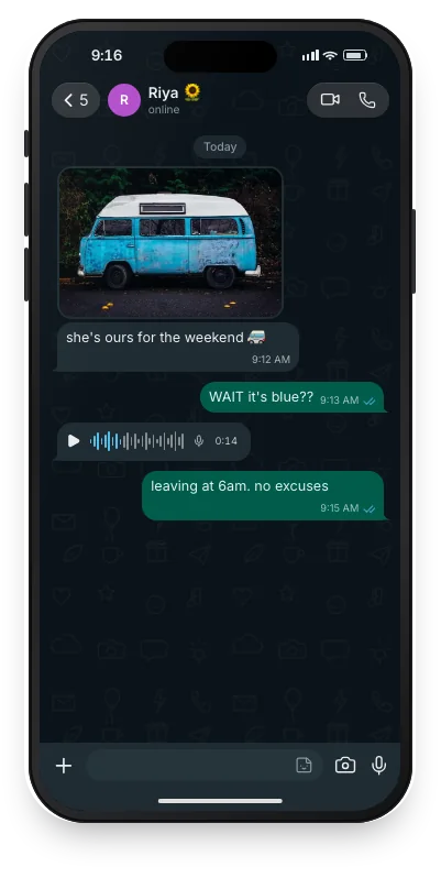 Fake WhatsApp chat mockup, dark mode, with a van photo and a voice note
