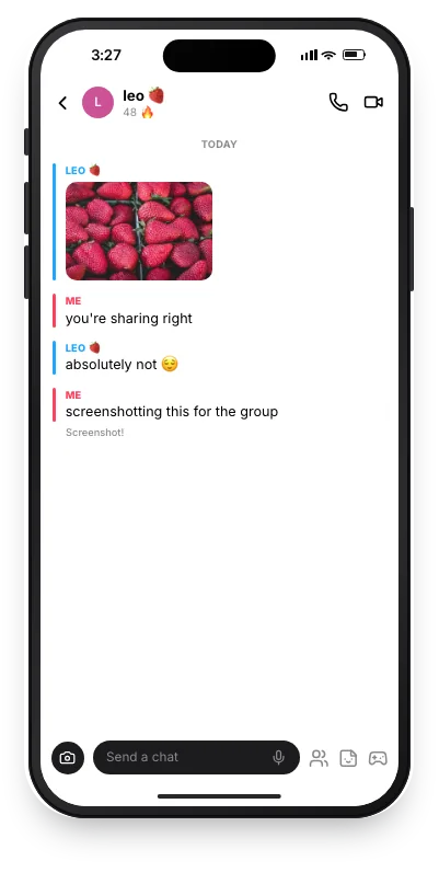 Fake Snapchat chat mockup, light mode, with a photo of strawberries