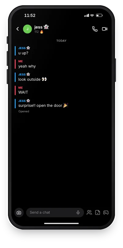 Fake Snapchat chat mockup, dark mode: a surprise-visit skit
