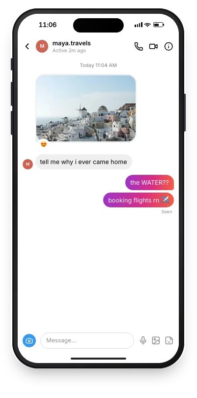 Fake Instagram DM mockup, light mode, with a photo of Santorini