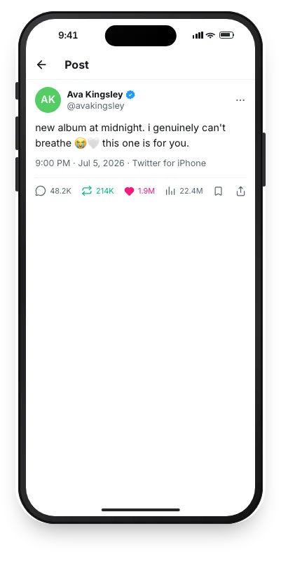 Fake tweet mockup: a parody pop-star album announcement