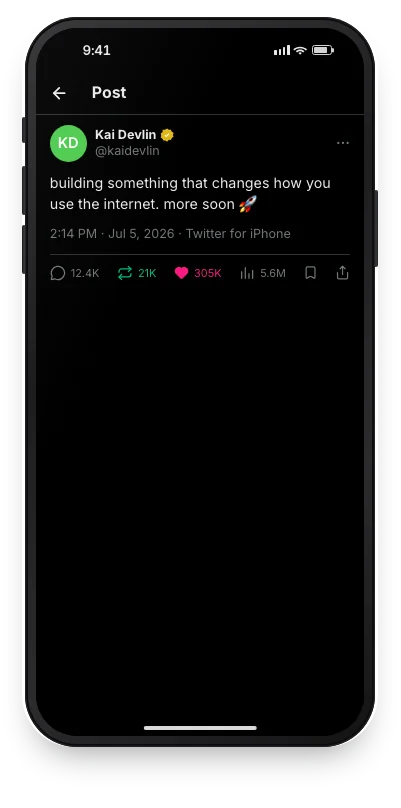 Fake tweet mockup, dark mode: a parody founder tweet with a gold badge