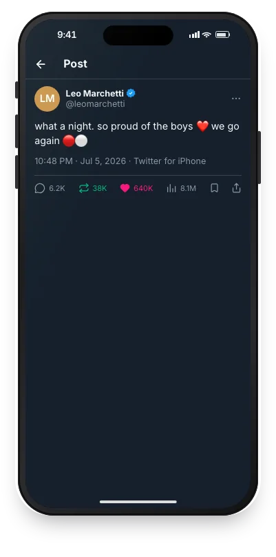 Fake tweet mockup, dim mode: a parody athlete's post-match tweet